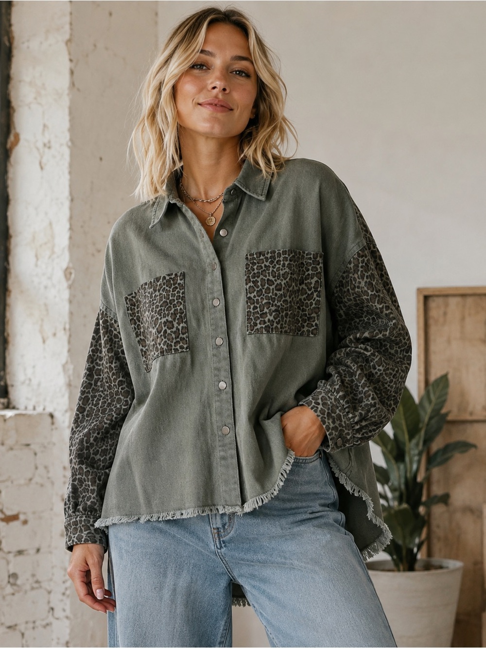 Olive Green Button-Up Shirt Jacket with Leopard Patches - Discounted - 789